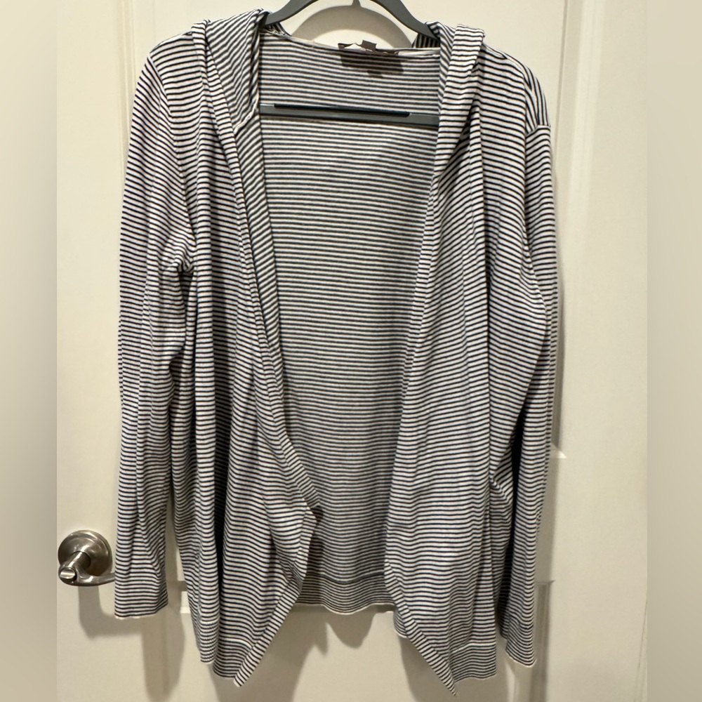 **LOFT* Black x White Striped Hooded Open Front Sweater Size Large